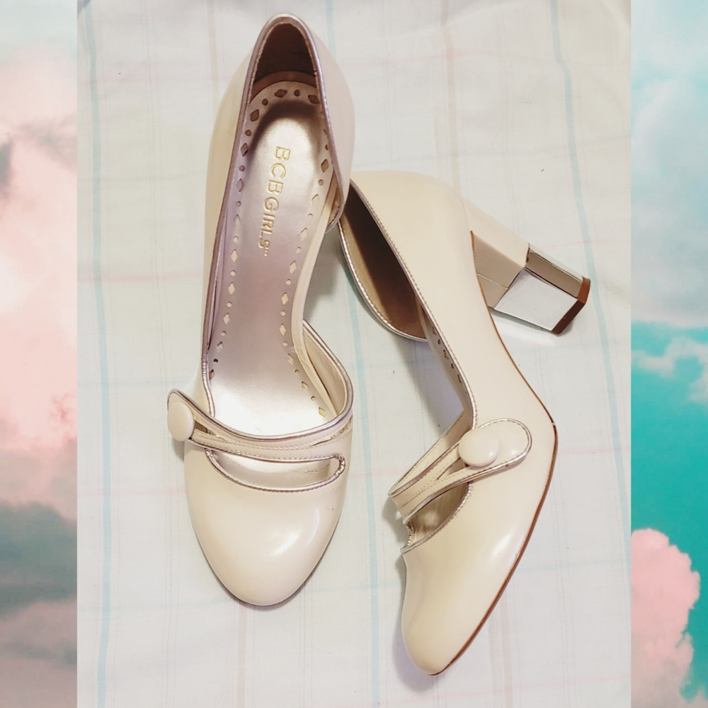 BCBGirls Off White Button Strap Mirror Heels